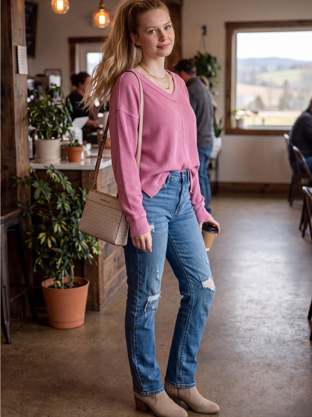 aerie  Sustainable  Real Good apparel textured Pink V-Neck Sweatshirt Pullover
